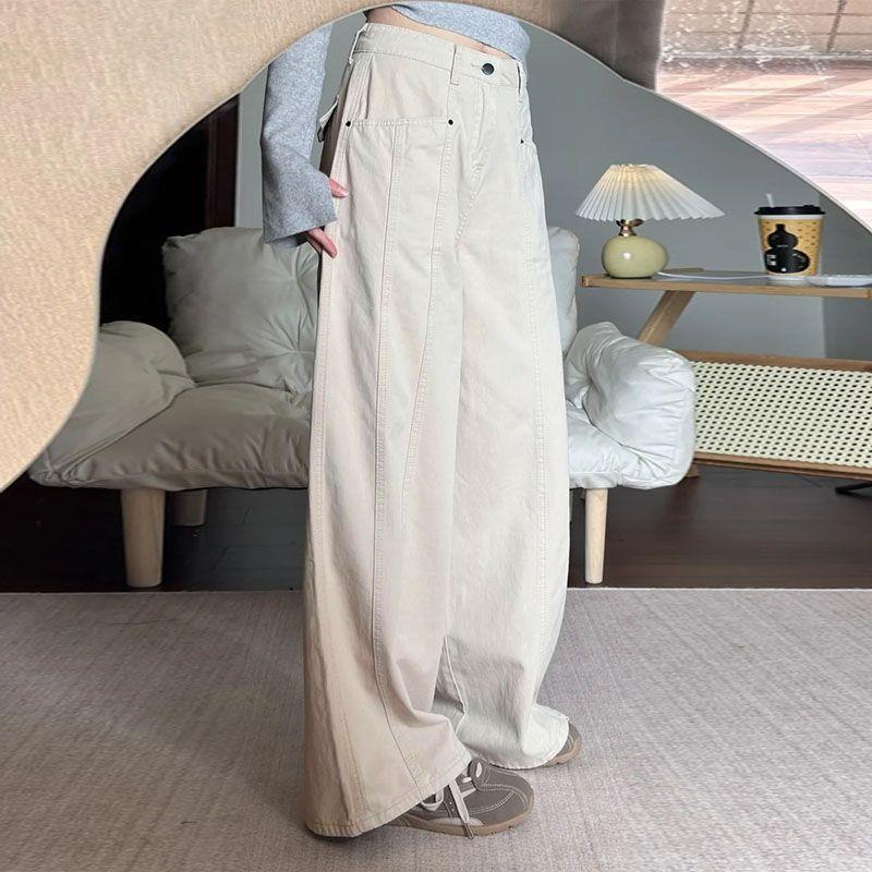 杏色阔腿工装牛仔裤女春秋2025新款小众显瘦宽松垂感小个子直筒裤