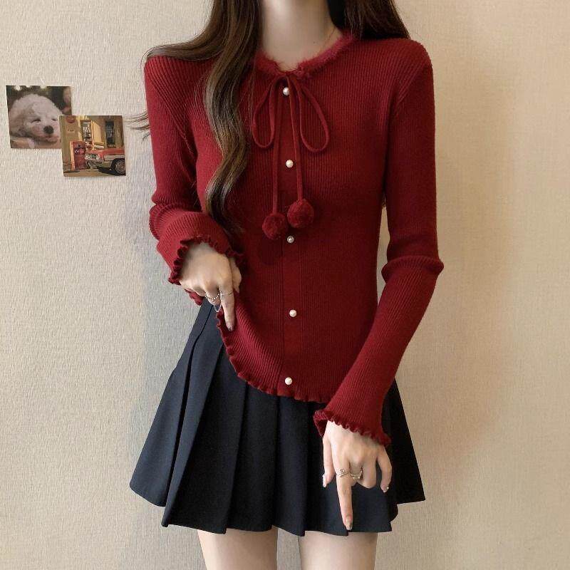 外搭针织打底衫上衣女装秋冬季秋季显瘦开衫外套红色毛衣漂亮小衫