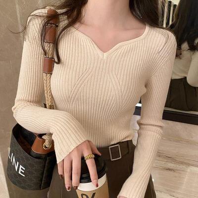 V领针织打底衫女2025年秋冬新款修身加绒加厚长袖上衣内搭毛衣潮