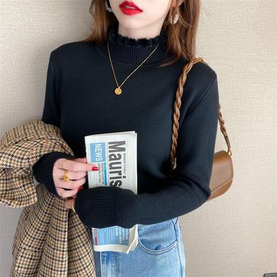 2025冬季新款一体绒加厚木耳边半高领毛衣女保暖上衣软糯糯打底衫