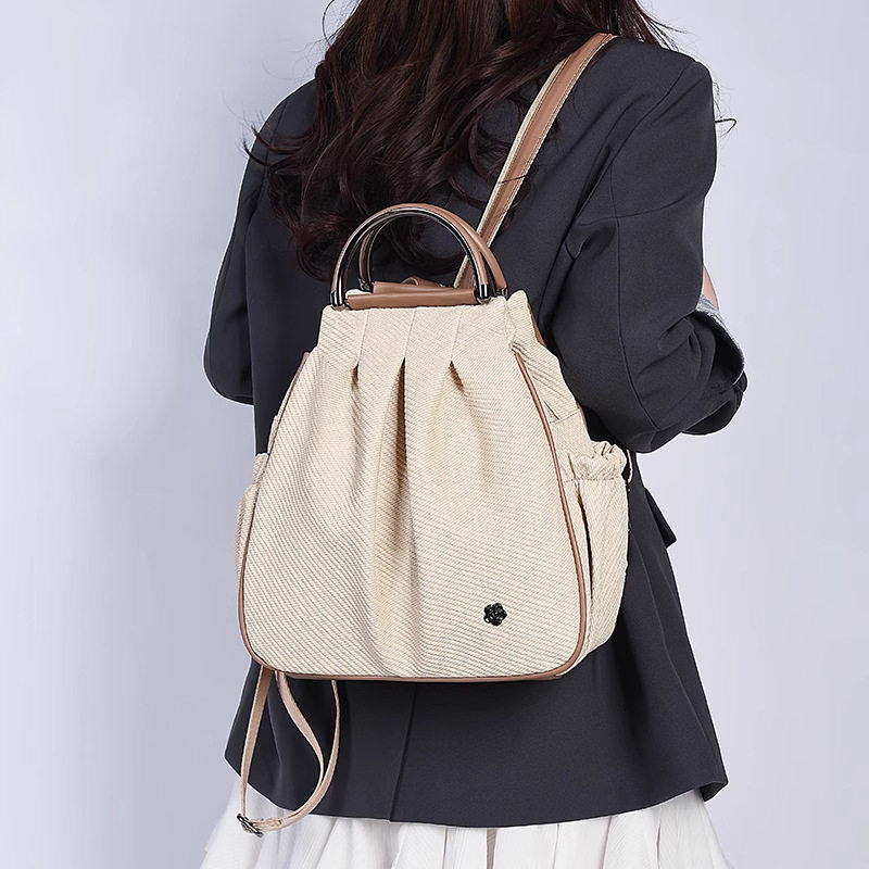 法国小众设计褶皱感双肩包女士欧货高颜值手拎背包两用大容量书包