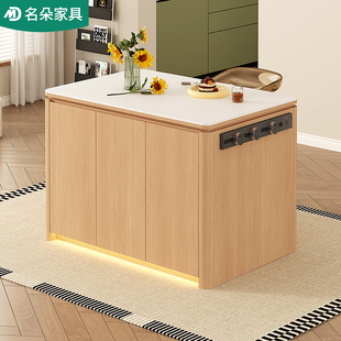 实木岛台柜单独洞石岩板吧台柜餐边柜一体中古风料理台可定制5E87