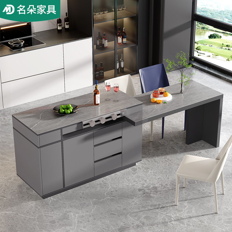 旋转岛台餐桌一体家用轻奢现代岩板厨房可伸缩餐厅吧台隔断柜5E39