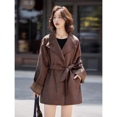 老钱风中长款小个子大衣女2025秋季新款翻领系带收腰显瘦复古外套