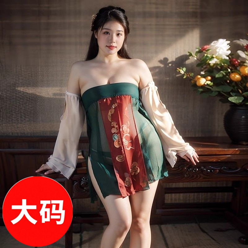 大码古典唐风印花抹胸裙套装汉服情趣内衣性感古风约会制服女调情