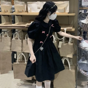 学院风夏季 字裙芒 甜美娃娃领蝴蝶结显瘦连衣裙女韩版 中长款
