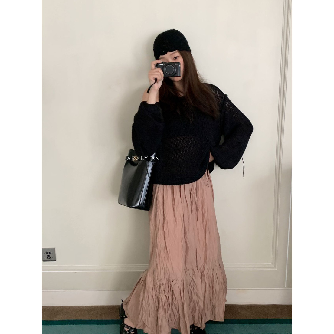 清仓现货褶皱松紧腰粉色半身裙女