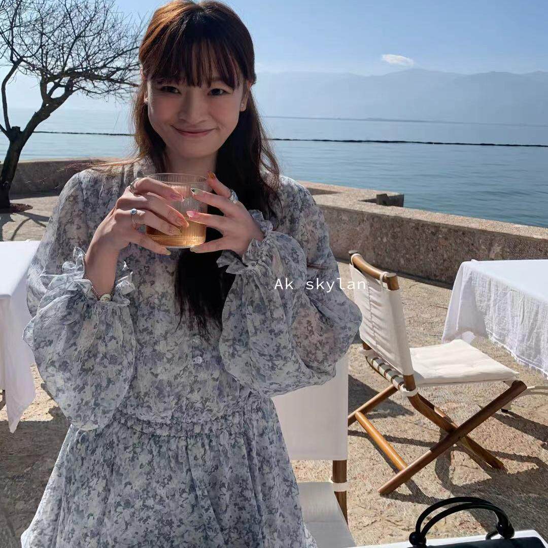 清仓现货淑女紫色碎花雪纺连衣裙