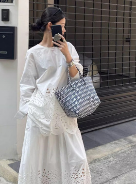 十三行女装慵懒随性套装镂空刺绣小衫6289＋简约舒适A字长裙6290