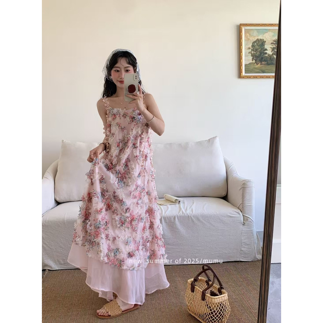 小清新碎花图案吊带连衣裙