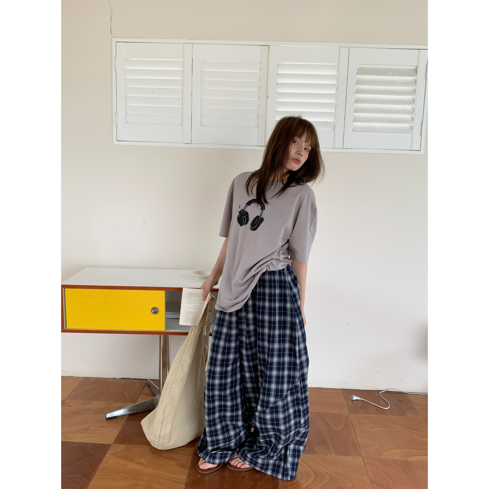 清仓日韩复古廓形格子阔腿裤女