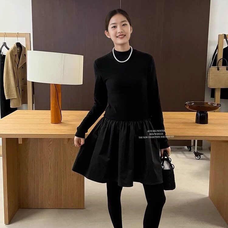黑色加绒小立领拼接缎面蓬蓬短裙