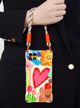 彩色油画适用OPPOReno4F斜跨手机壳Reno4Lite小众日韩可爱超萌卡通时尚少女硅胶可爱男女Reno4F个性手绳Reno