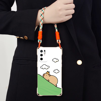 躺平可爱豚鼠适用小米POCOM3Pro5G斜跨手机壳小众日韩超萌卡通少女硅胶时尚男女POCOM3Pro5G个性手绳保护套