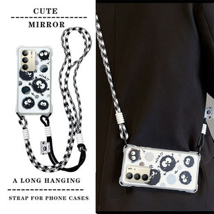 煤球适用realmeV70S手机壳卡通潮少女relame真我V70搞怪男女reamleC75创意斜跨绳子raelmev75可爱日韩保护套