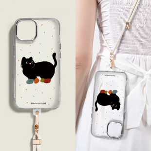 潮牌小黑猫适用于三星GalaxyS25edge手机壳斜跨GalaxyS25Ultra日韩透明壳GalaxyS25卡通可爱少女保护套Galax