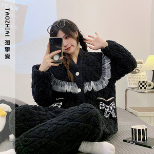淘挚爱三层夹棉睡衣女冬季加绒加厚玫瑰绒高级感家居服可外穿套装