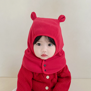 宝宝一体帽子围巾韩版 双层保暖加厚摇粒绒披肩男女儿童婴儿护耳帽
