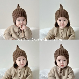 純色男女寶寶超萌可愛精靈帽針織兒童帽子護耳毛線帽 嬰兒帽子韓版