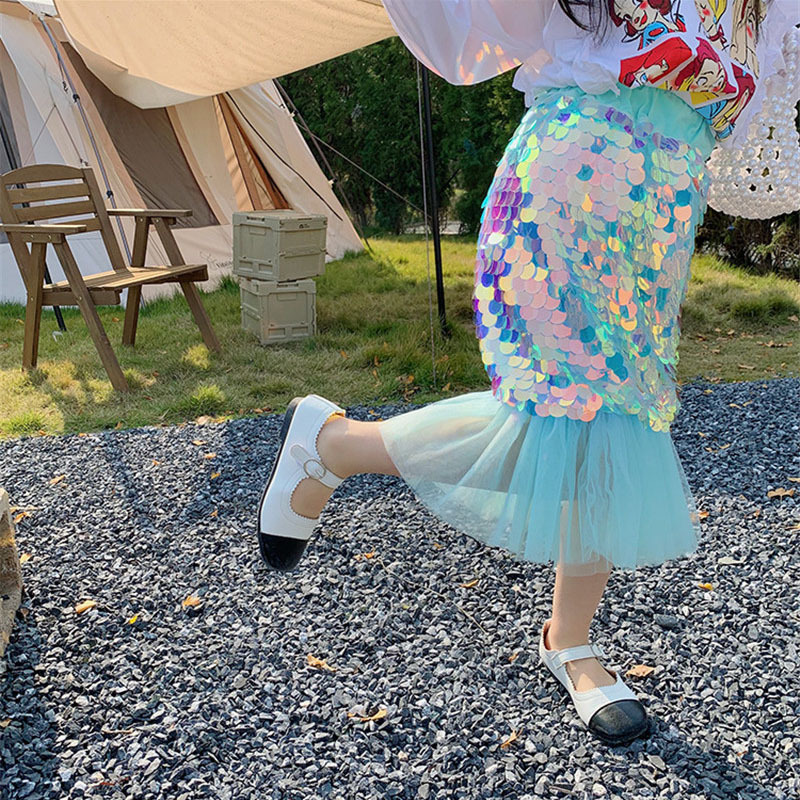 女童美人鱼公主裙儿童亮片半身裙网纱彩色亮片鱼尾裙女宝宝人鱼裙