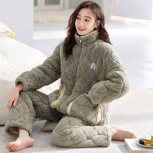 芬腾冬季睡衣女三层加厚珊瑚绒夹棉袄可爱休闲保暖拉链家居服套装