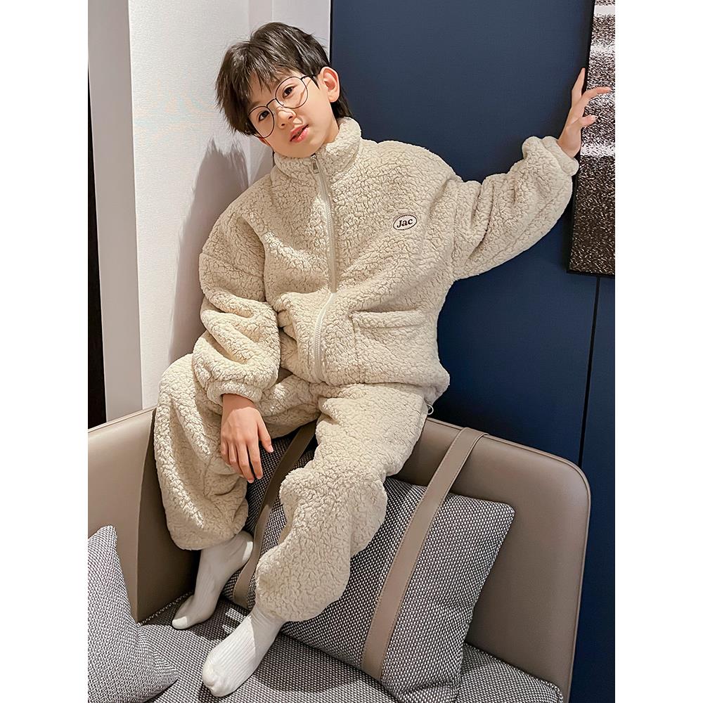 儿童装男童睡衣秋冬款家居服加绒男孩珊瑚绒加厚冬季大童法兰绒潮