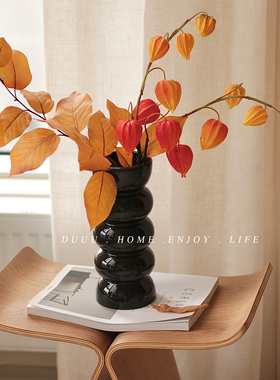 现代简约圆黑色陶瓷花瓶仿真花装饰水养插花花器家居民宿桌面摆件