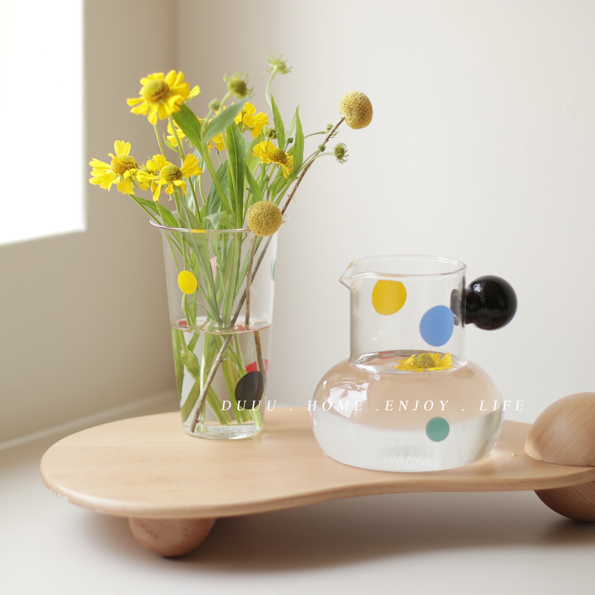 现代ins波点彩色可爱花器插花氛围感桌面装饰摆件透明玻璃小花瓶