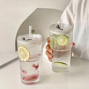 600ml Stripe Glass Cup with Lid and Straw Transparent Drinki