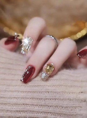 GC【红鸾殿】手工穿戴甲显白镜面红色猫眼爆闪美拉德光疗成品美甲