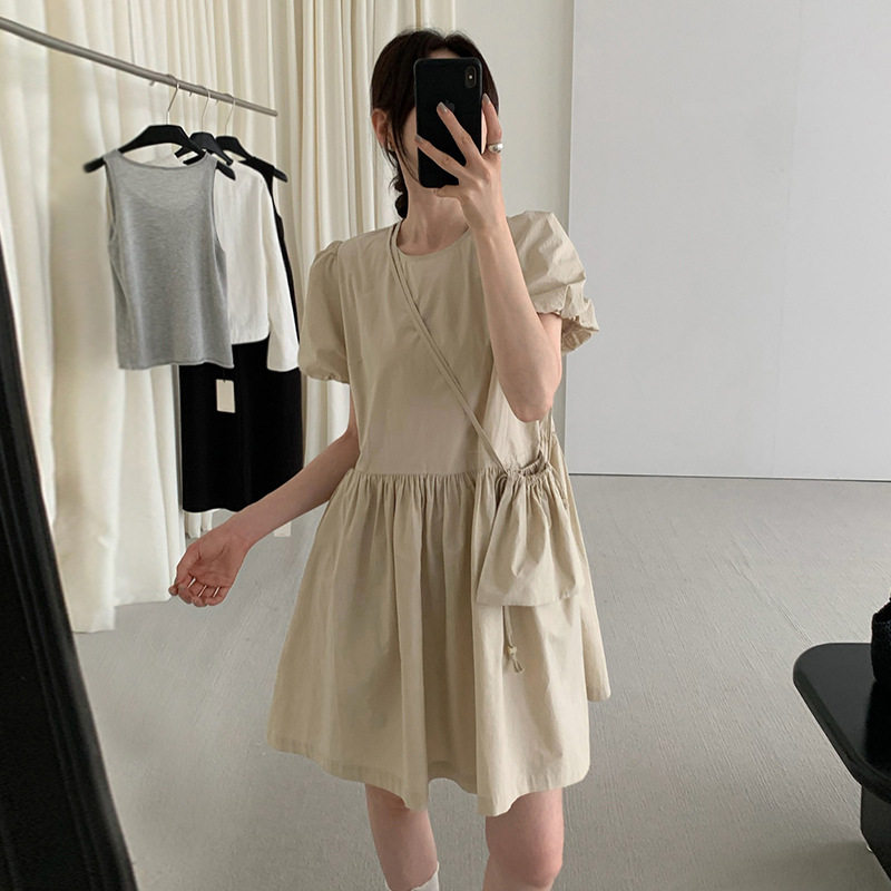 日系设计师topwhit 少女感减龄泡泡短袖连衣裙女夏季新款配包包