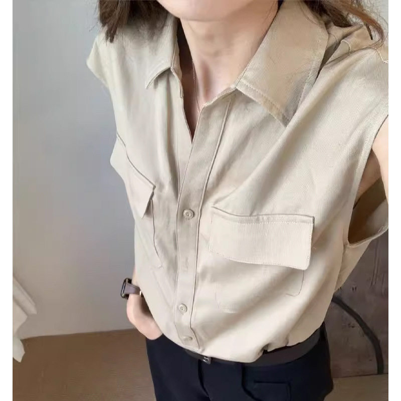 日系设计师TopWhit老钱风卡其色亚麻polo领无袖衬衫女夏季宽松