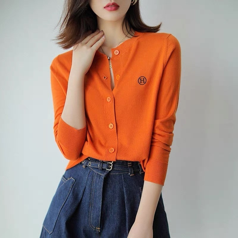 日系设计师topwhit秋装新款h字母提花刺绣上衣名媛橘色短款针织