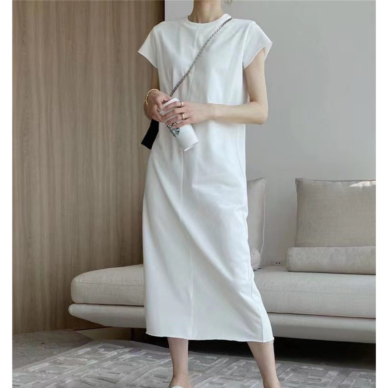 日系设计师topwhit白色小众设计感圆领短袖t恤连衣裙女夏季新款