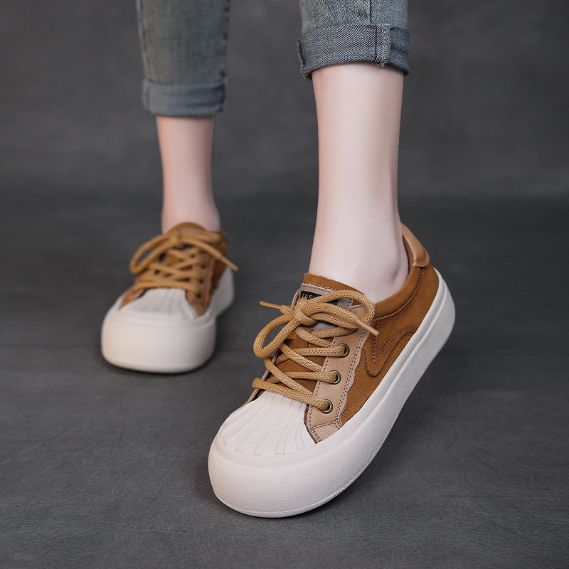 女王范真皮贝壳头休闲板鞋女新款潮流时尚百搭单鞋厚底平跟单鞋