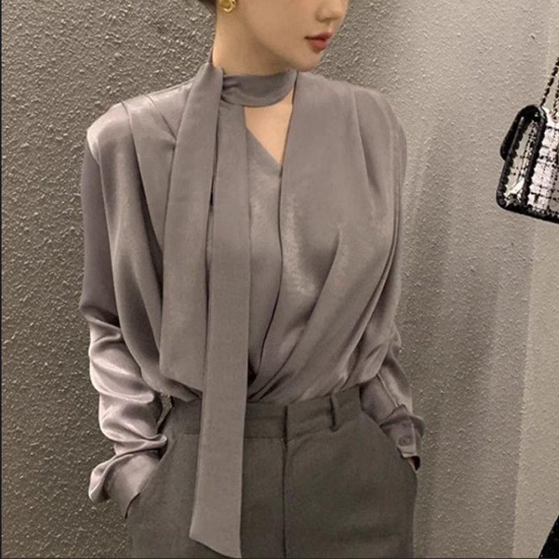 日系设计师TopWhit高级感轻奢醋酸缎面衬衫女春夏御姐飘带V领衬衣