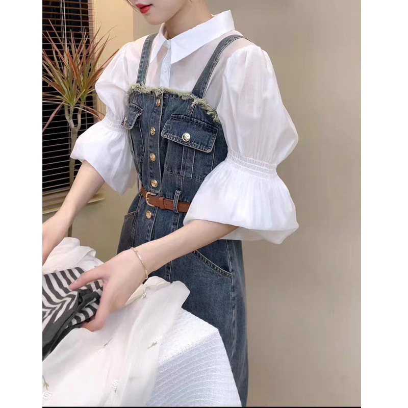 日系设计师topwhit时髦翻领泡泡袖衬衫搭配牛仔裙女春季高级感穿