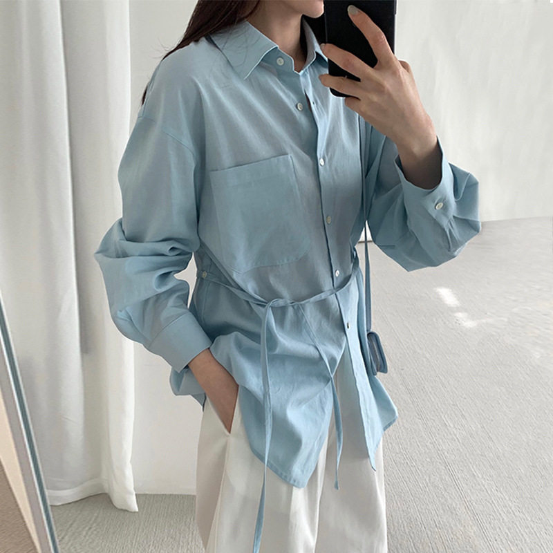 日系设计师topwhit 气质系腰带色衬衫女春季新款翻领宽松中长款