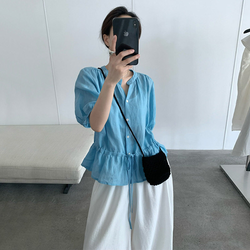 日系设计师topwhit 韩范抽褶系带裙摆衬衫女夏季新款五分袖薄款色