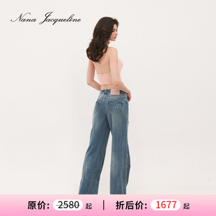 口袋复古水洗做旧阔腿牛仔裤 甄选6.5折 NanaJacqueline明星同款