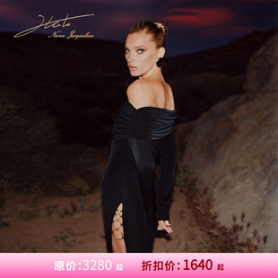 NanaJacqueline金属环抽褶一字肩连衣裙女侧高开叉长裙 甄选5折