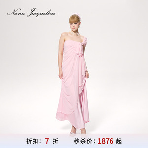 [甄选7折]NanaJacqueline明星同款抹胸连衣裙蝴蝶结抽褶飘逸长裙