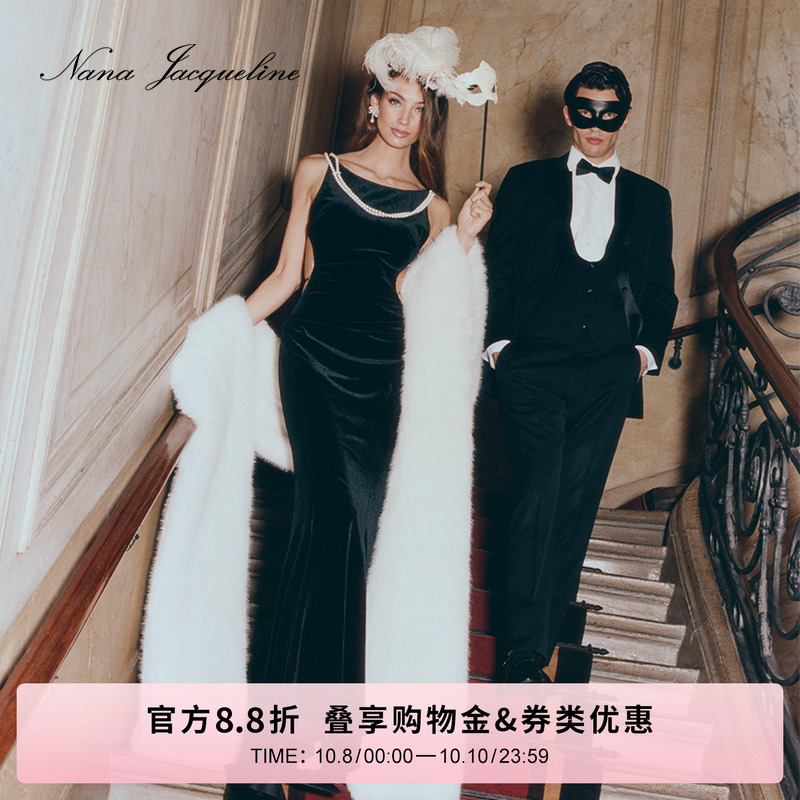 【徐璐同款】NanaJacqueline丝绒露背礼服裙女钻边镂空轻奢连衣裙