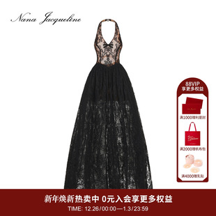 NanaJacqueline蕾丝蝴蝶结挂脖连衣裙女冬新款 防走光性感晚宴礼服