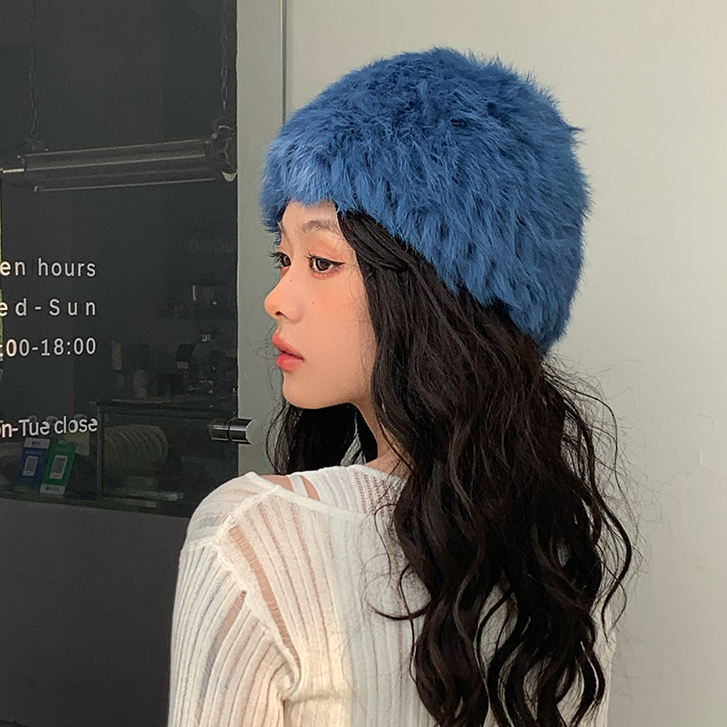 圆脸适合的帽子冬季女皮草编织纯色保暖网红秋冬毛绒套头针织冷帽