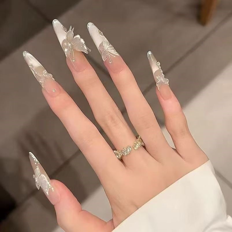 冰露晨蝶猫眼蝴蝶纯手工美甲穿戴指甲贴片高级显白超长款