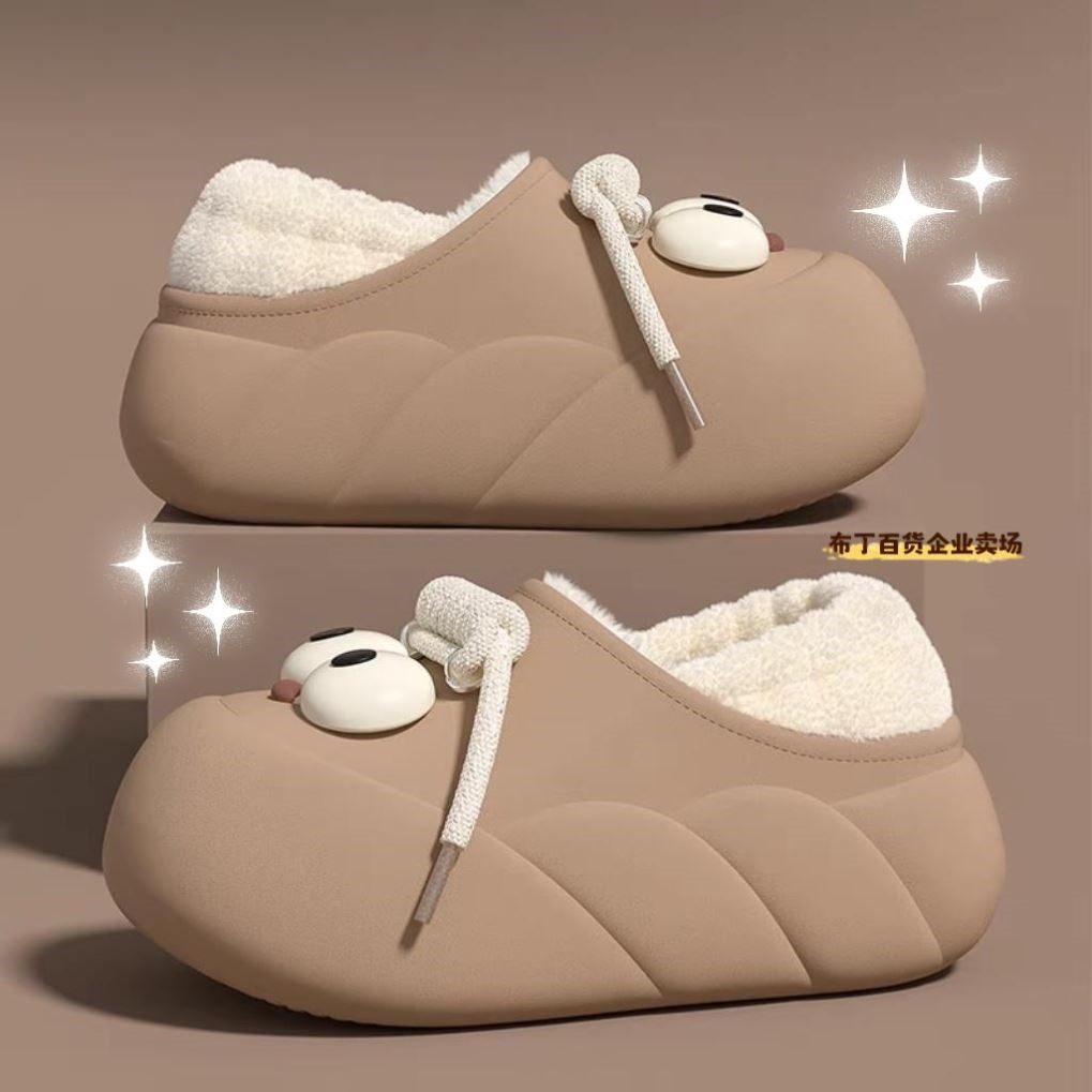 包跟防水棉拖鞋女款冬季外穿加绒加厚室内防滑可爱大眼厚底棉鞋女