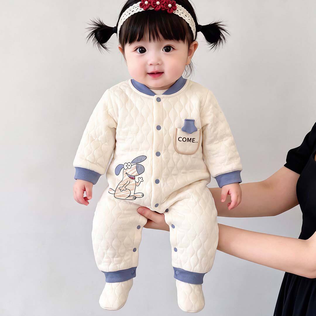 婴儿连体衣春秋加厚夹棉新生儿三层保暖衣服初生宝宝爬服柔软高级