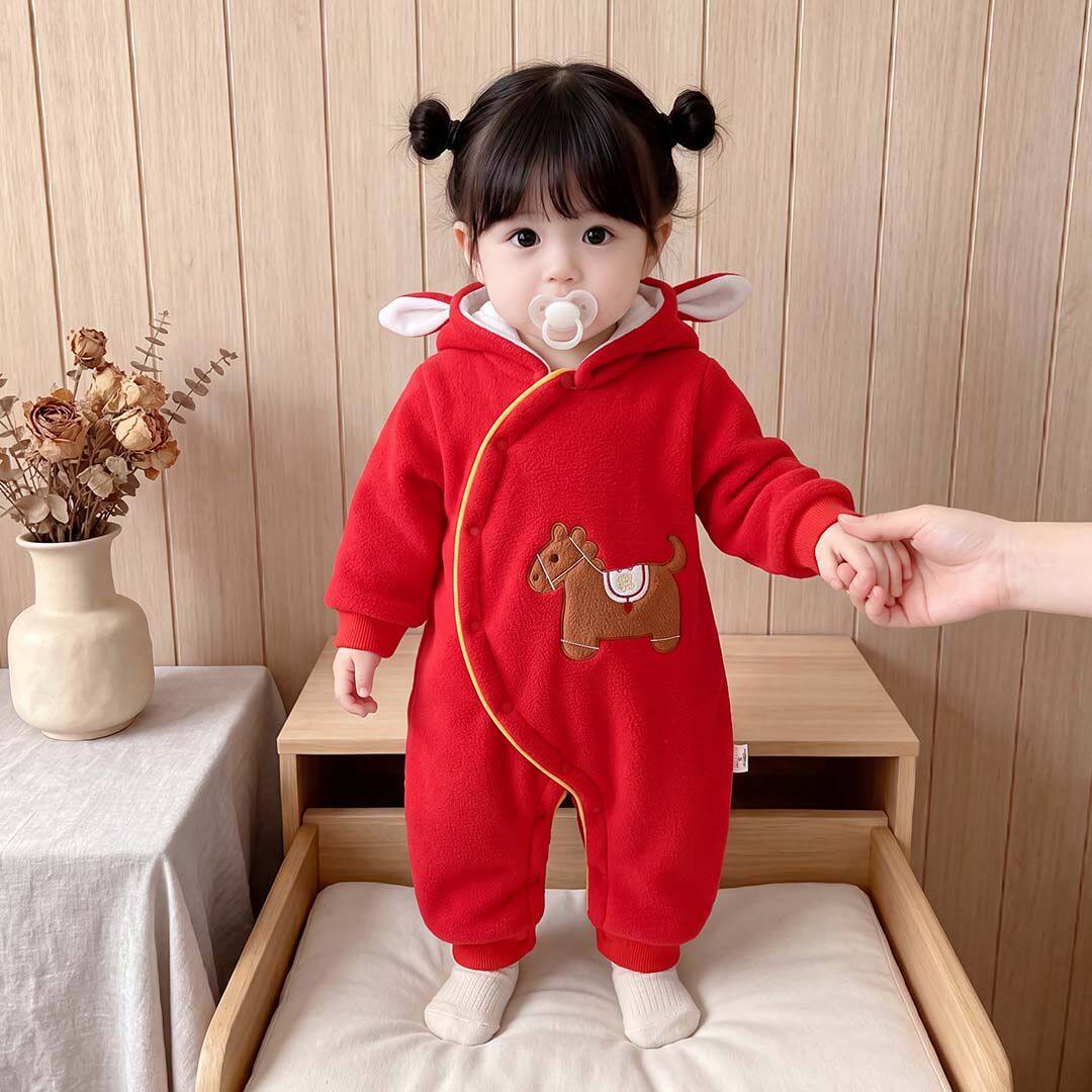 拜年服婴儿180g夹棉衣服秋冬季红色过年新生儿加厚带帽连体衣柔软