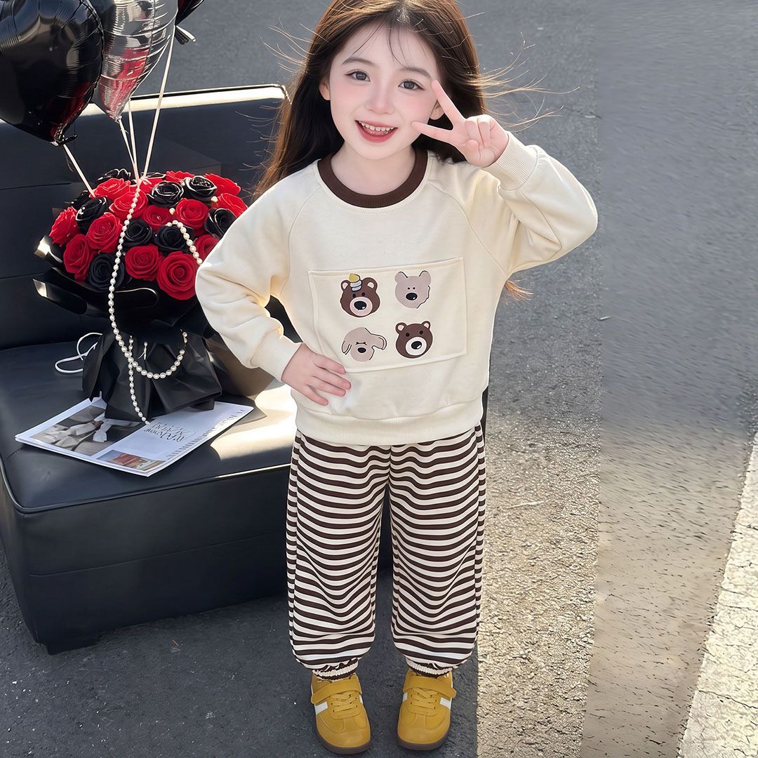 秋季新款儿童棉质卫衣套装条纹韩版休闲卡通套装洋气俩件套爆款